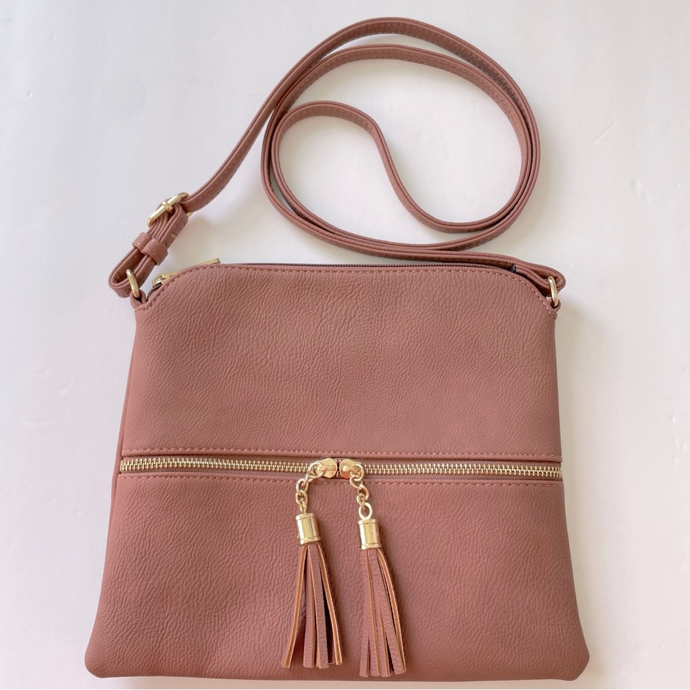 Faux Leather Crossbody Tassels Zipper Tan Mauve Brown